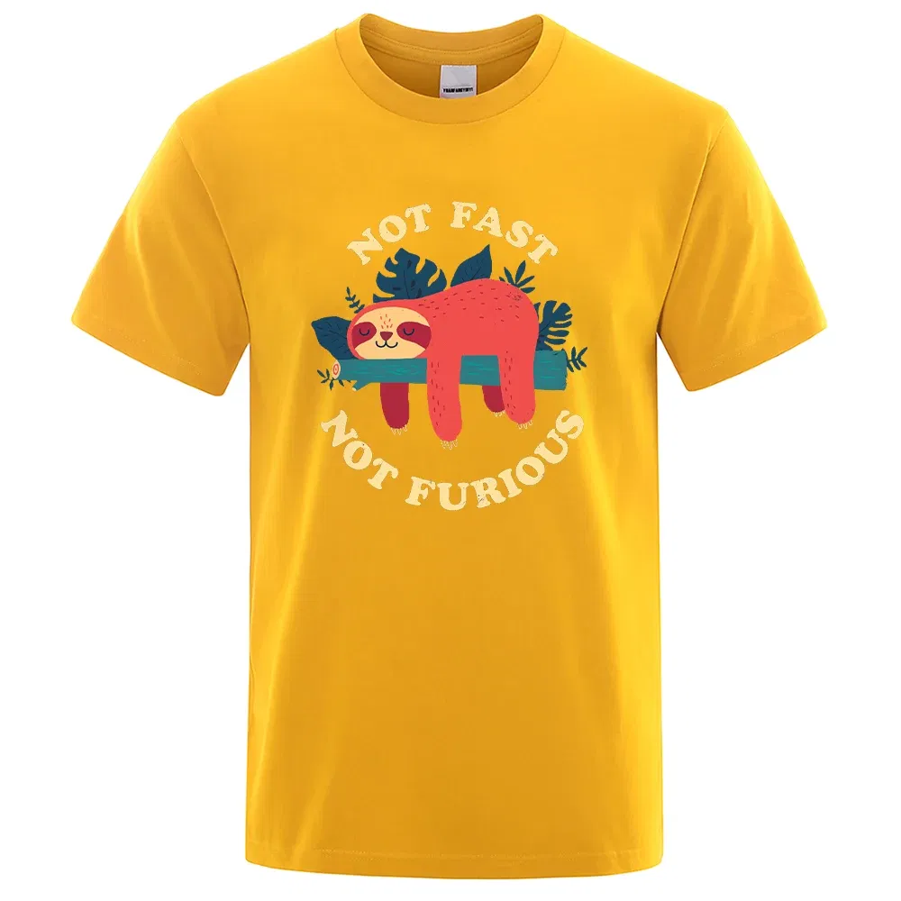 Color: Yellow, Size: XL - Not Fast Not Furious Sloth Cute Print Men Tee Shirts Breathable Cotton Tops Street Fashion T-shirt Women Casual Summer T Shirts
