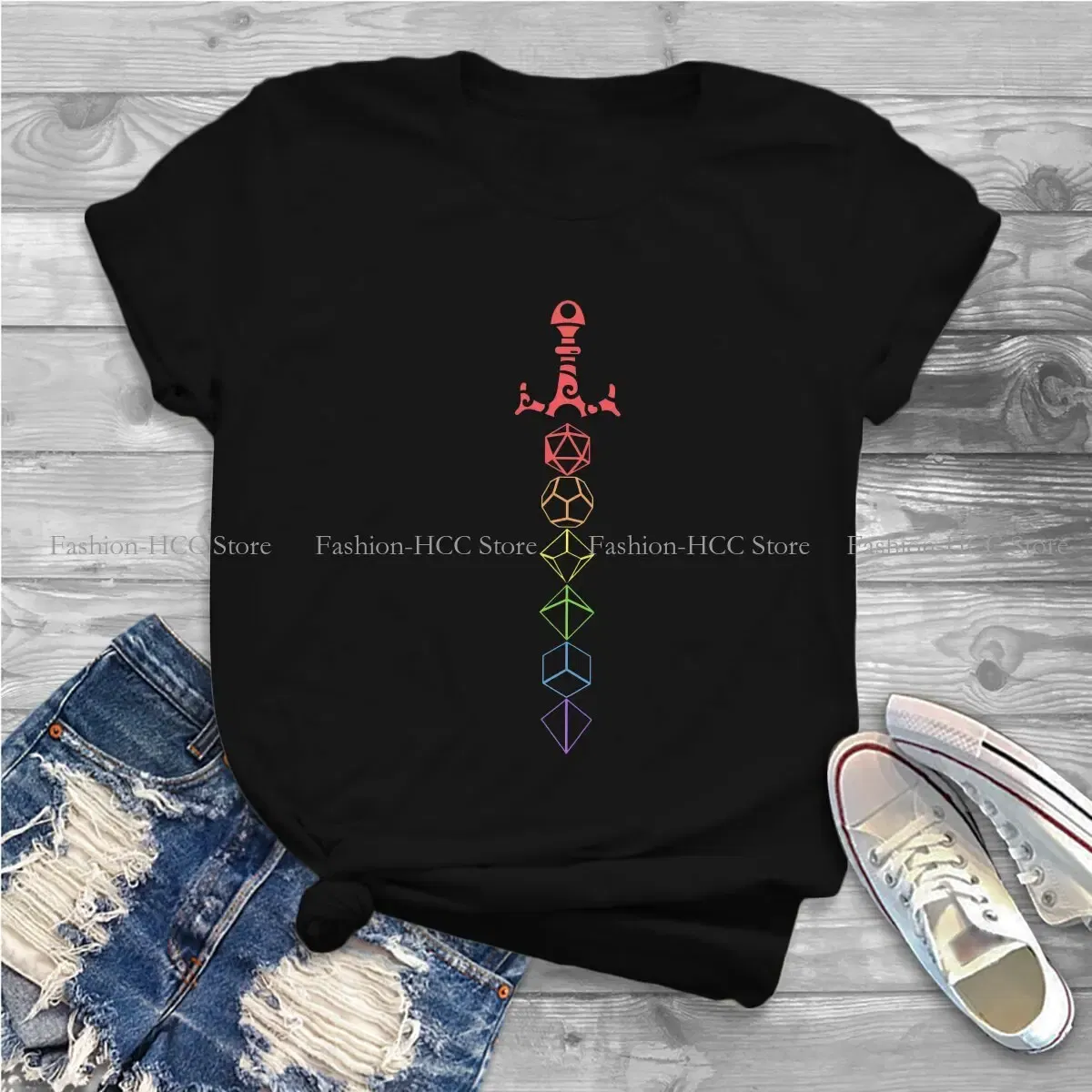 Color: black, Size: S - Rainbow Dice Sword Tabletop RPG Gaming Unique Polyester TShirt DND Game Top Quality Hip Hop Graphic T Shirt Stuff