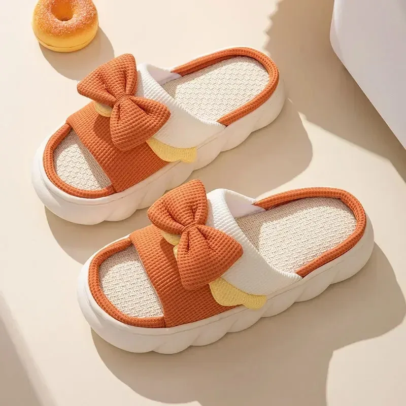 Color: Grape, Shoe Size: 38 - Linen Slippers Women Indoor Slippers Comzy Anti-Slip House Cotton Shoes Cute Bowknot Flat Slipper Couples Slides Spring Summer