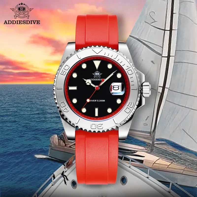 Color: Pink - ADDIESDIVE Rotatable Bezel Watch For Men 41mm Quartz Watch Stainless Seel BGW9 Luminous Rubber Strap 200m Diving Men's Watch New