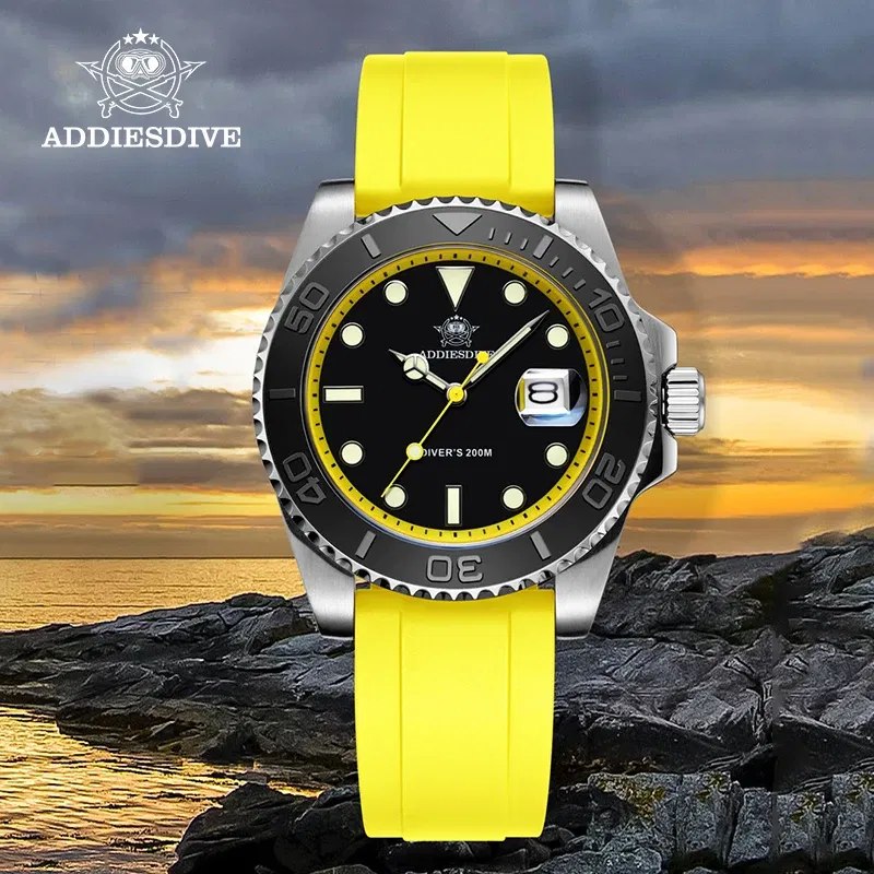 Color: Pink - ADDIESDIVE Rotatable Bezel Watch For Men 41mm Quartz Watch Stainless Seel BGW9 Luminous Rubber Strap 200m Diving Men's Watch New