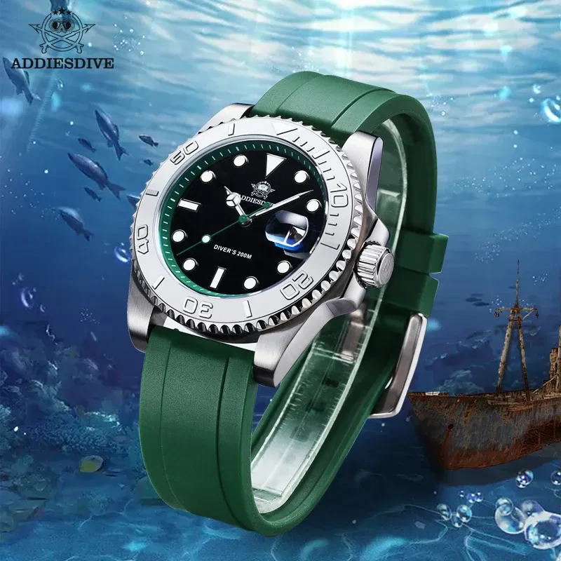 Color: Pink - ADDIESDIVE Rotatable Bezel Watch For Men 41mm Quartz Watch Stainless Seel BGW9 Luminous Rubber Strap 200m Diving Men's Watch New