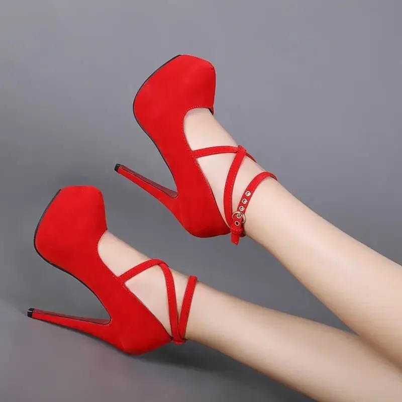 Color: Red, Shoe Size: 42 - Sexy Classic High Heels Women's Sandals Summer Shoes Ladies Strappy Pumps Platform Heels Woman Ankle Strap Shoes Sizes 34-42