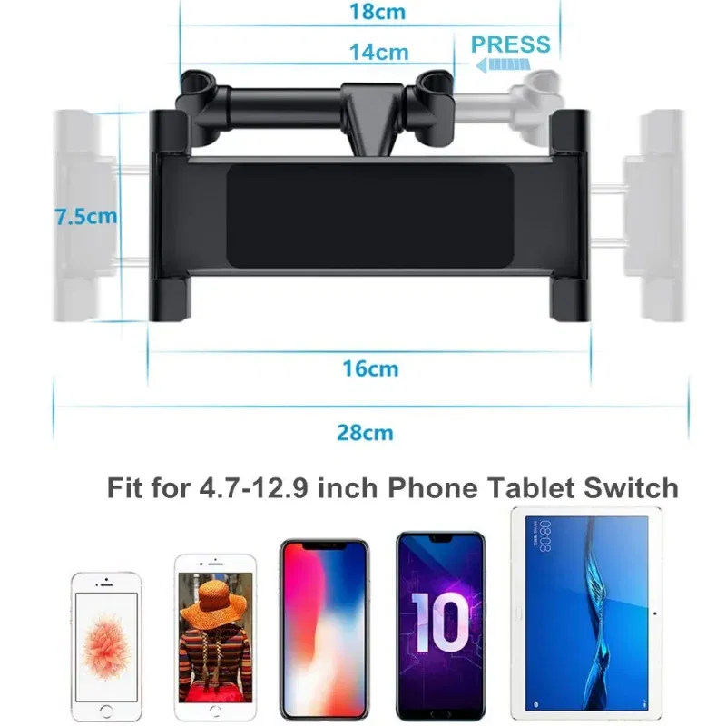 Color: black - Car Holder For 4.7-13 in Tablet & Phone Holder Back Seat Headrest Mounting Holder Accessories iPad Pro 12.9''