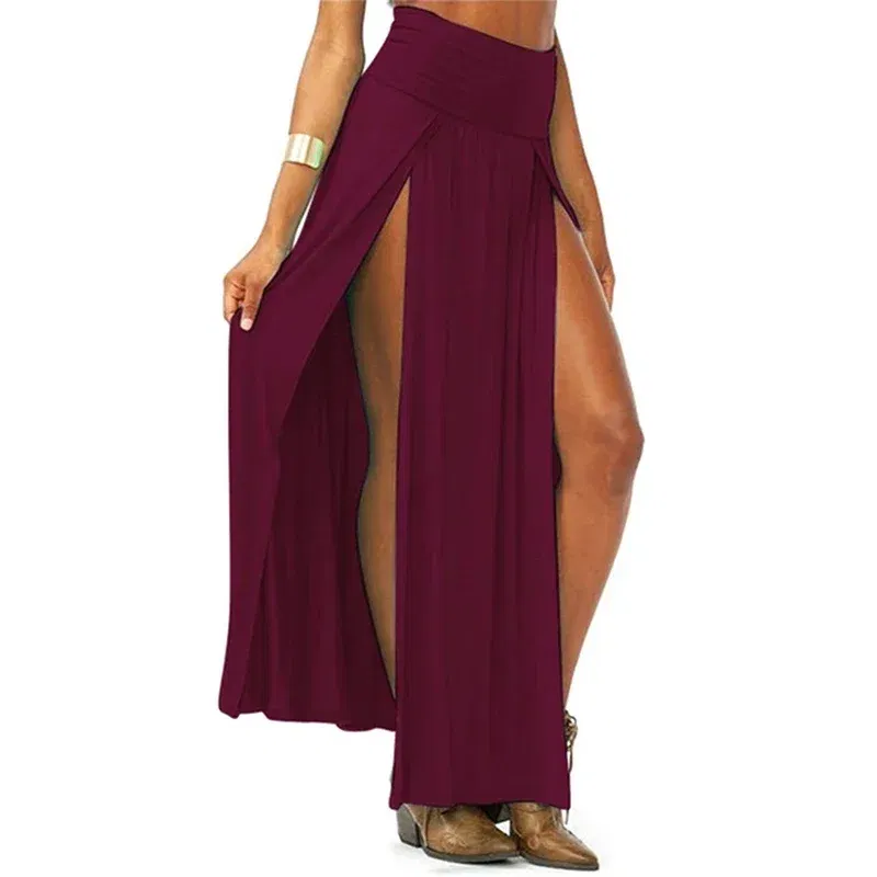 Color: Khaki, Size: One Size - New Arrival High Waisted Sexy Womens Double Slits Summer Solid Long Maxi Skirt Wholesale 51 Valentine's Day Gifts