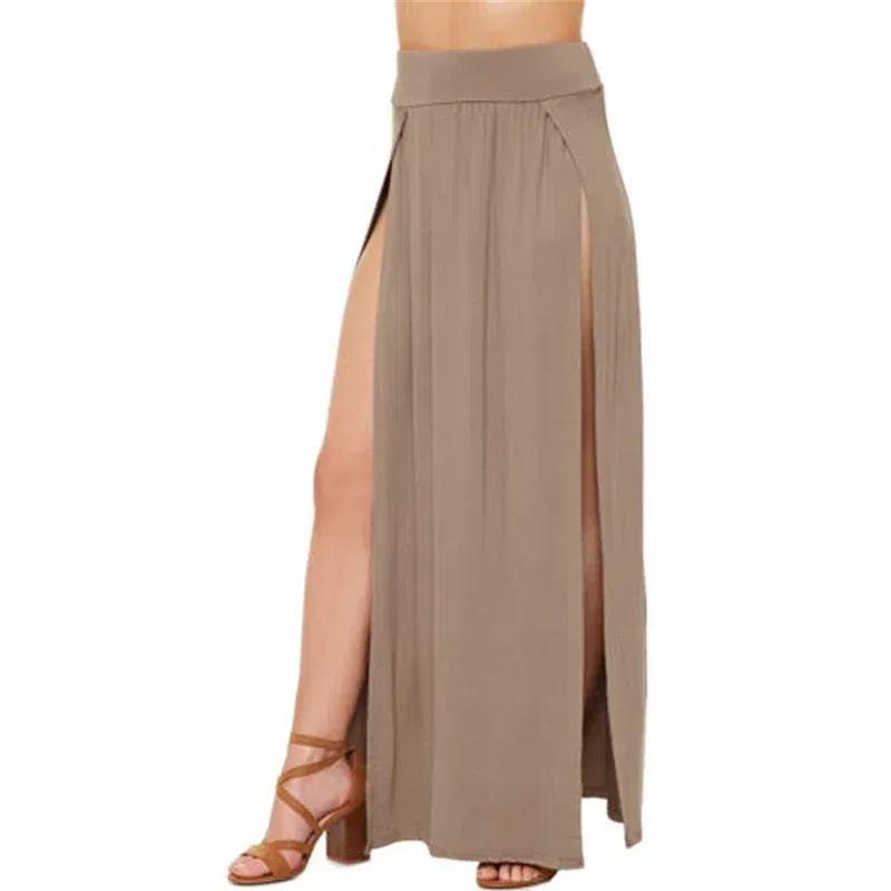 Color: Khaki, Size: One Size - New Arrival High Waisted Sexy Womens Double Slits Summer Solid Long Maxi Skirt Wholesale 51 Valentine's Day Gifts