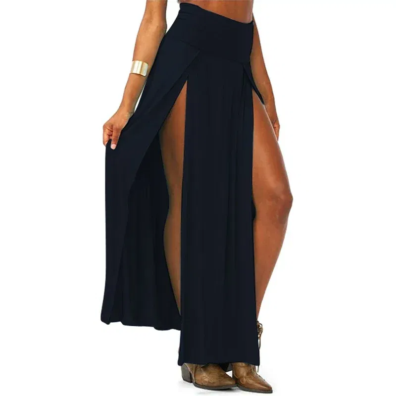 Color: Khaki, Size: One Size - New Arrival High Waisted Sexy Womens Double Slits Summer Solid Long Maxi Skirt Wholesale 51 Valentine's Day Gifts