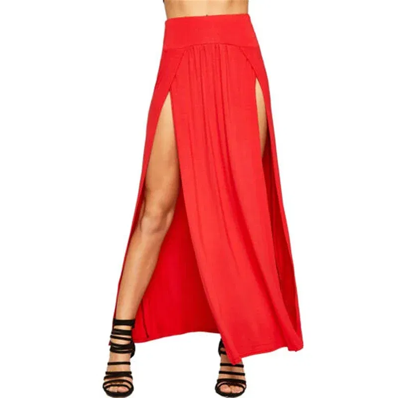 Color: Khaki, Size: One Size - New Arrival High Waisted Sexy Womens Double Slits Summer Solid Long Maxi Skirt Wholesale 51 Valentine's Day Gifts
