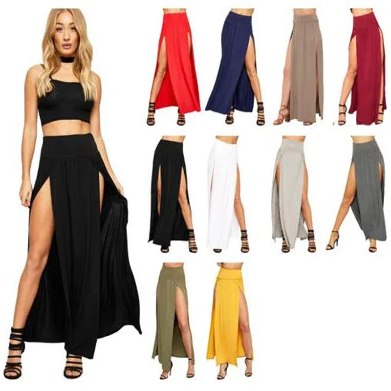 Color: Khaki, Size: One Size - New Arrival High Waisted Sexy Womens Double Slits Summer Solid Long Maxi Skirt Wholesale 51 Valentine's Day Gifts
