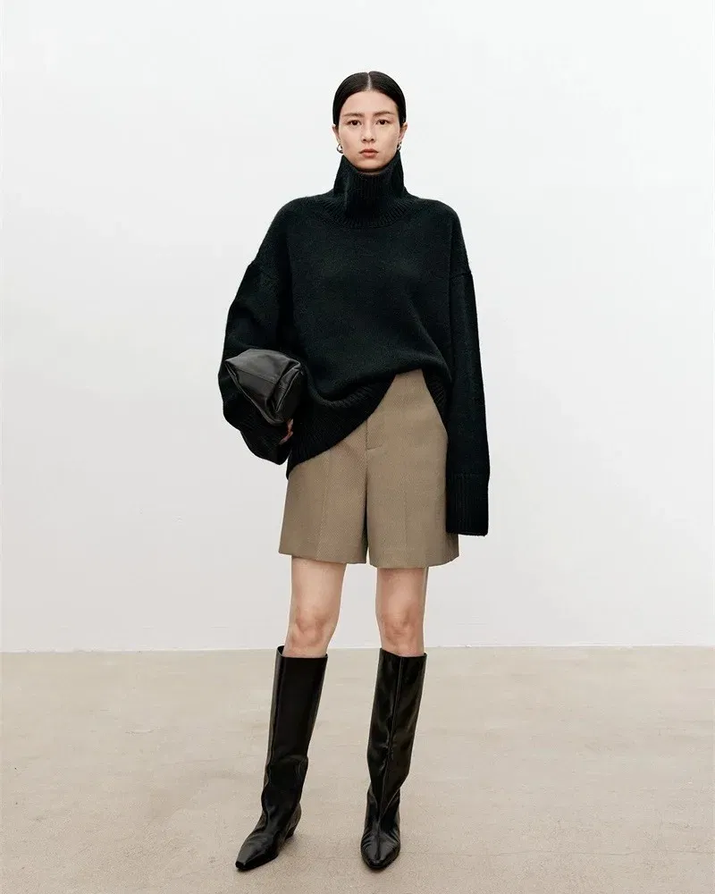 Color: army green, Size: XXL, Ships From: CHINA - Turtleneck pure cashmere sweater female loose and thick languid lazy wind pullover sweater knitting base WOOL sweater
