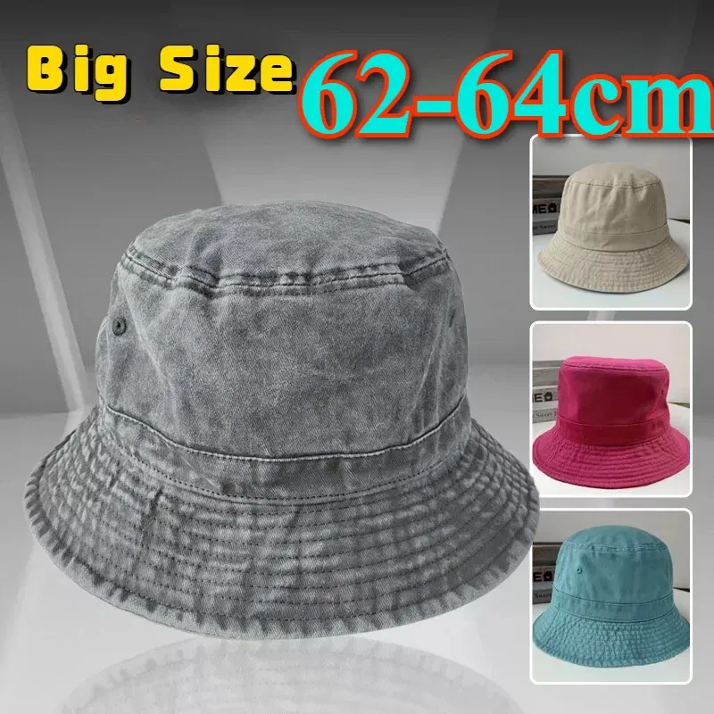 Color: black, Size: S - Korean Big Head Washed Denim Bucket Hats Men Cotton Sun Hat Plus Size 64cm Oversize Bob Panama Unisex Big Size Fisherman Cap