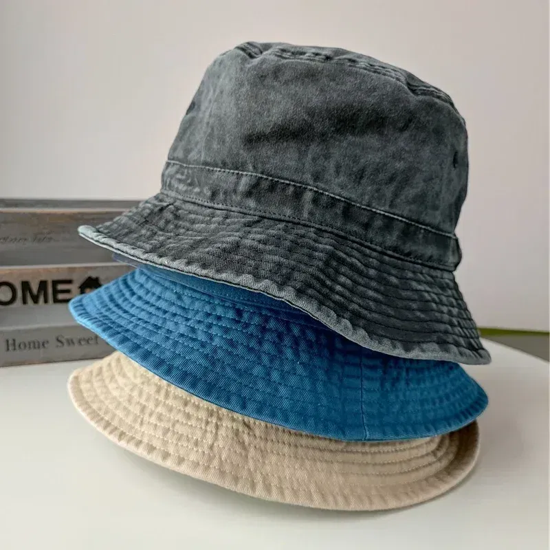 Color: black, Size: S - Korean Big Head Washed Denim Bucket Hats Men Cotton Sun Hat Plus Size 64cm Oversize Bob Panama Unisex Big Size Fisherman Cap