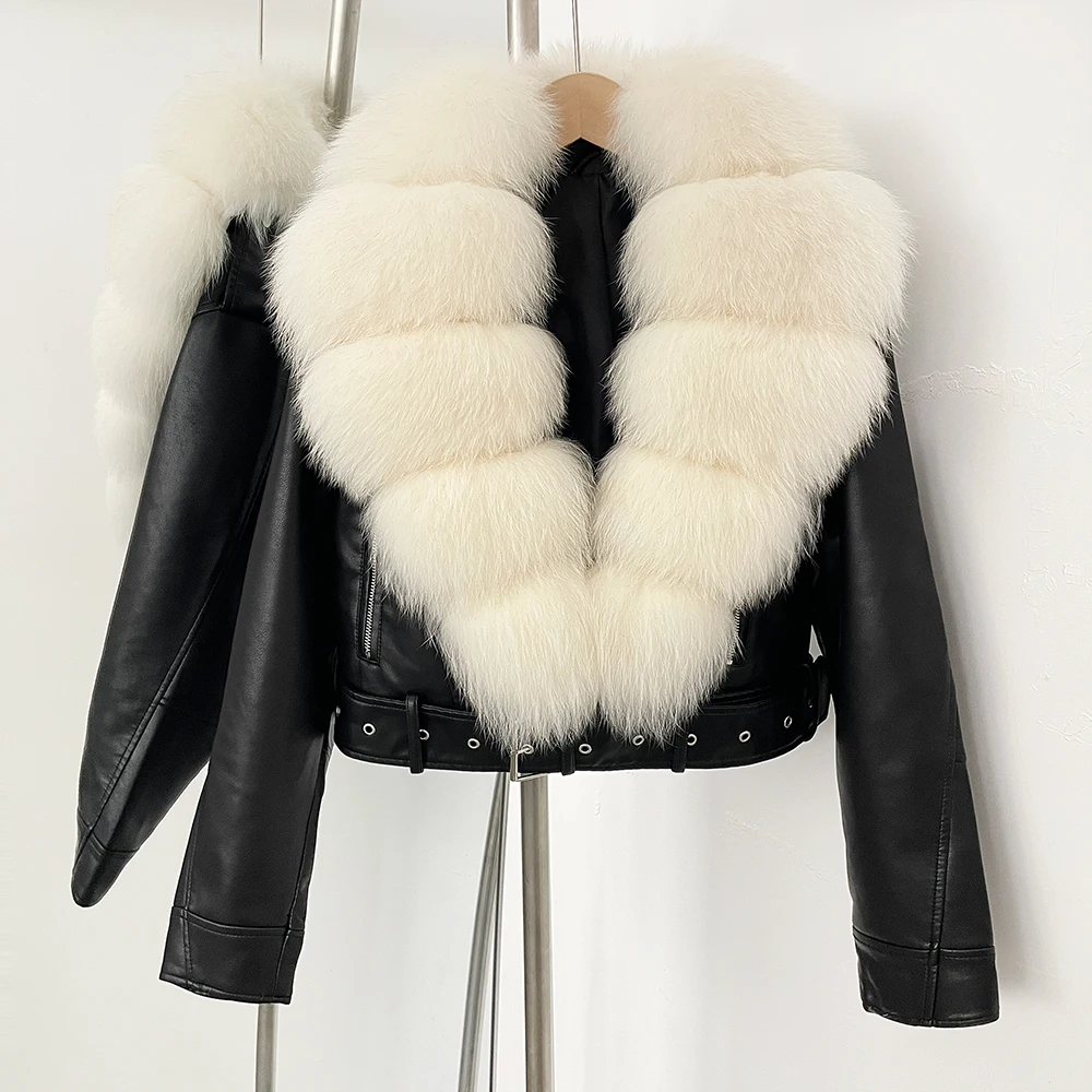 Color: green, Size: XS - Fake Leather Coat New Natural Fox Fur Autumn Short Faux Leather Jacket Female Spring PU Women Long Sleeve Real Fur Coat Thin