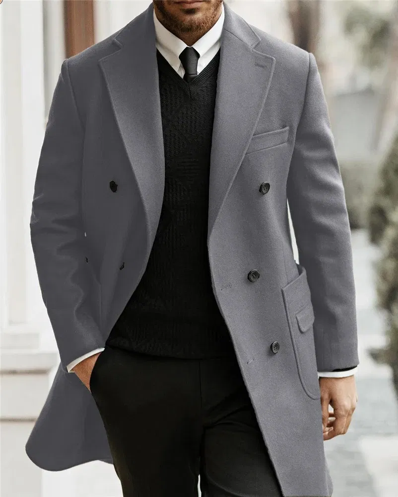 Color: Blue, Size: 6XL - Classic Man Trench Coat Customized Notched Lapel Full Man Terno Double Breasted Elegant Gentleman Long Coat Men's Winter Jacket