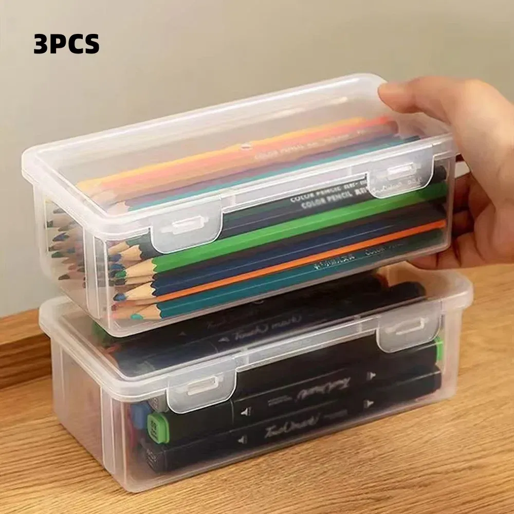 Color: Red - 1/2/3/4pcs Plastic Translucent Pencil Case Large Capacity Pencil Boxes Portable Storage Organizer Box Student Office Supplies