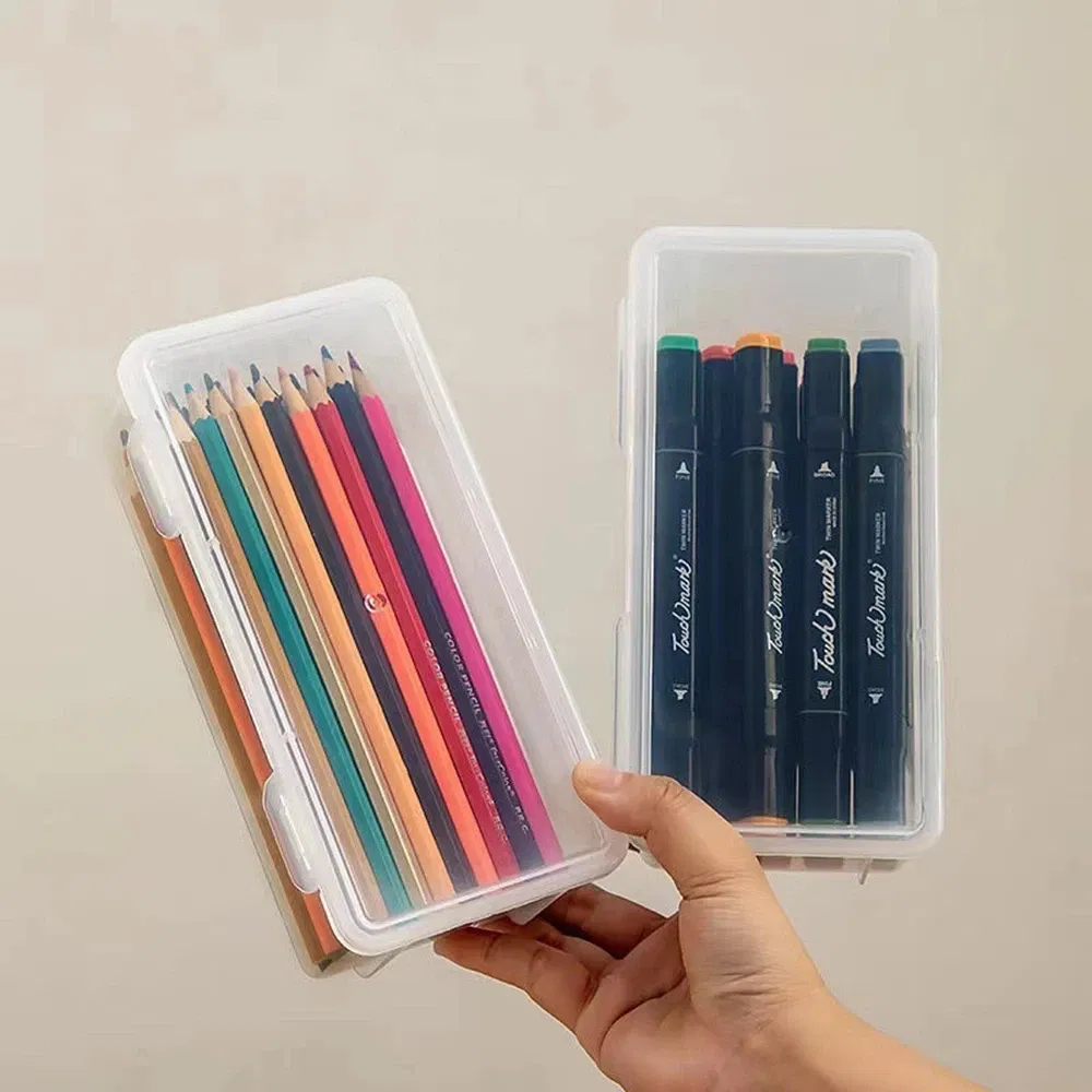 Color: Red - 1/2/3/4pcs Plastic Translucent Pencil Case Large Capacity Pencil Boxes Portable Storage Organizer Box Student Office Supplies