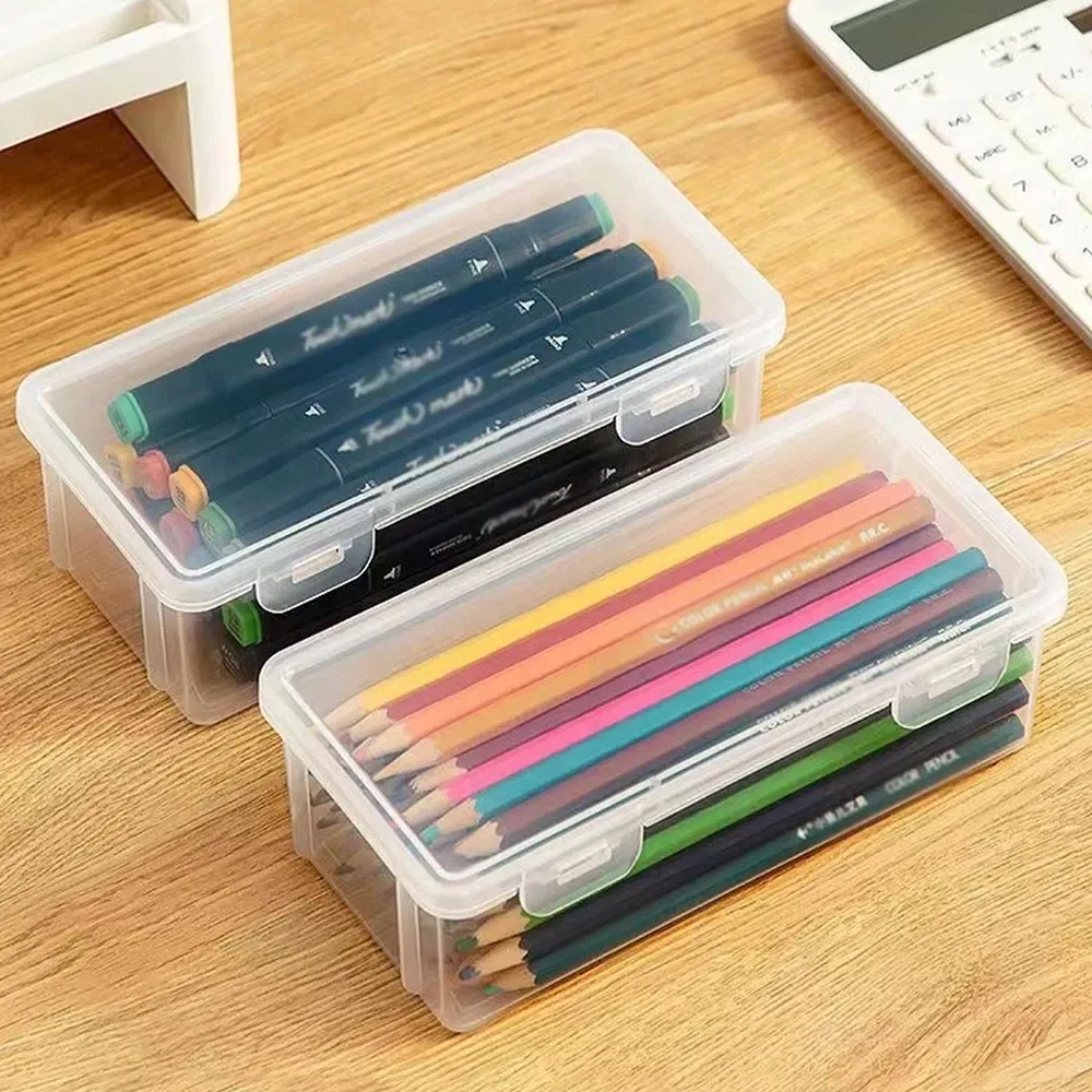 Color: Red - 1/2/3/4pcs Plastic Translucent Pencil Case Large Capacity Pencil Boxes Portable Storage Organizer Box Student Office Supplies