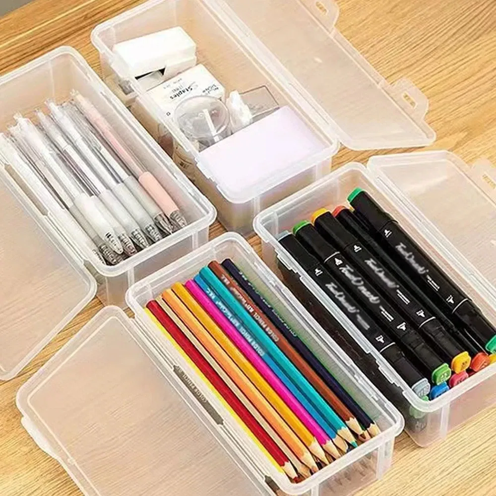 Color: Red - 1/2/3/4pcs Plastic Translucent Pencil Case Large Capacity Pencil Boxes Portable Storage Organizer Box Student Office Supplies