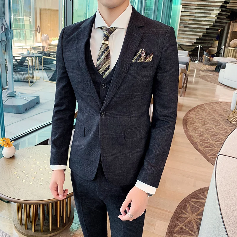 Color: Clear, Size: XL - Gray Men Classic Striped/Checked Suits, Business Office 3 Piece, Asian Size Slim Fit Men Dress Jacket & Pants with Vest, S-4XL