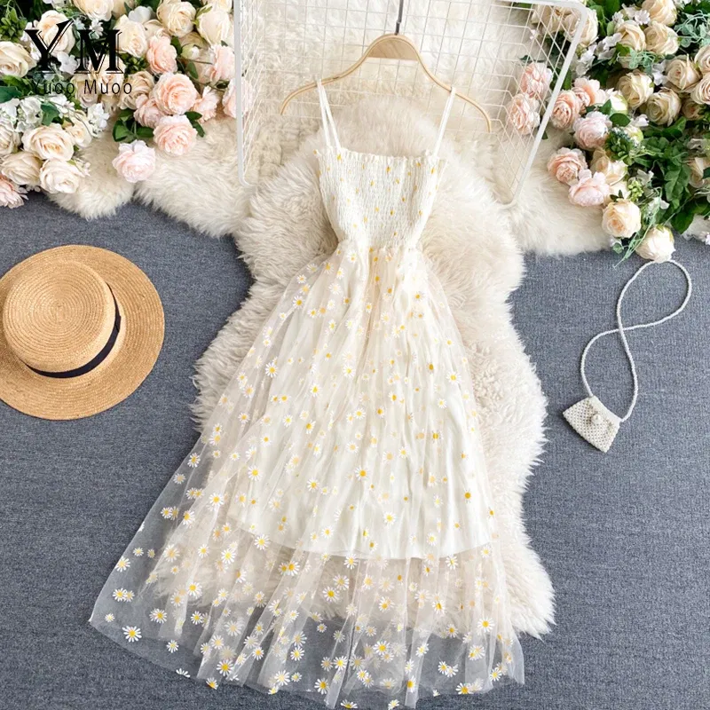 Color: Pink, Size: One Size - YuooMuoo Korean Fashion Daisy Flower Print Mesh Party Dress Summer Two Layers Spaghetti Strap Vacation Midi Dress Beach Vestidos
