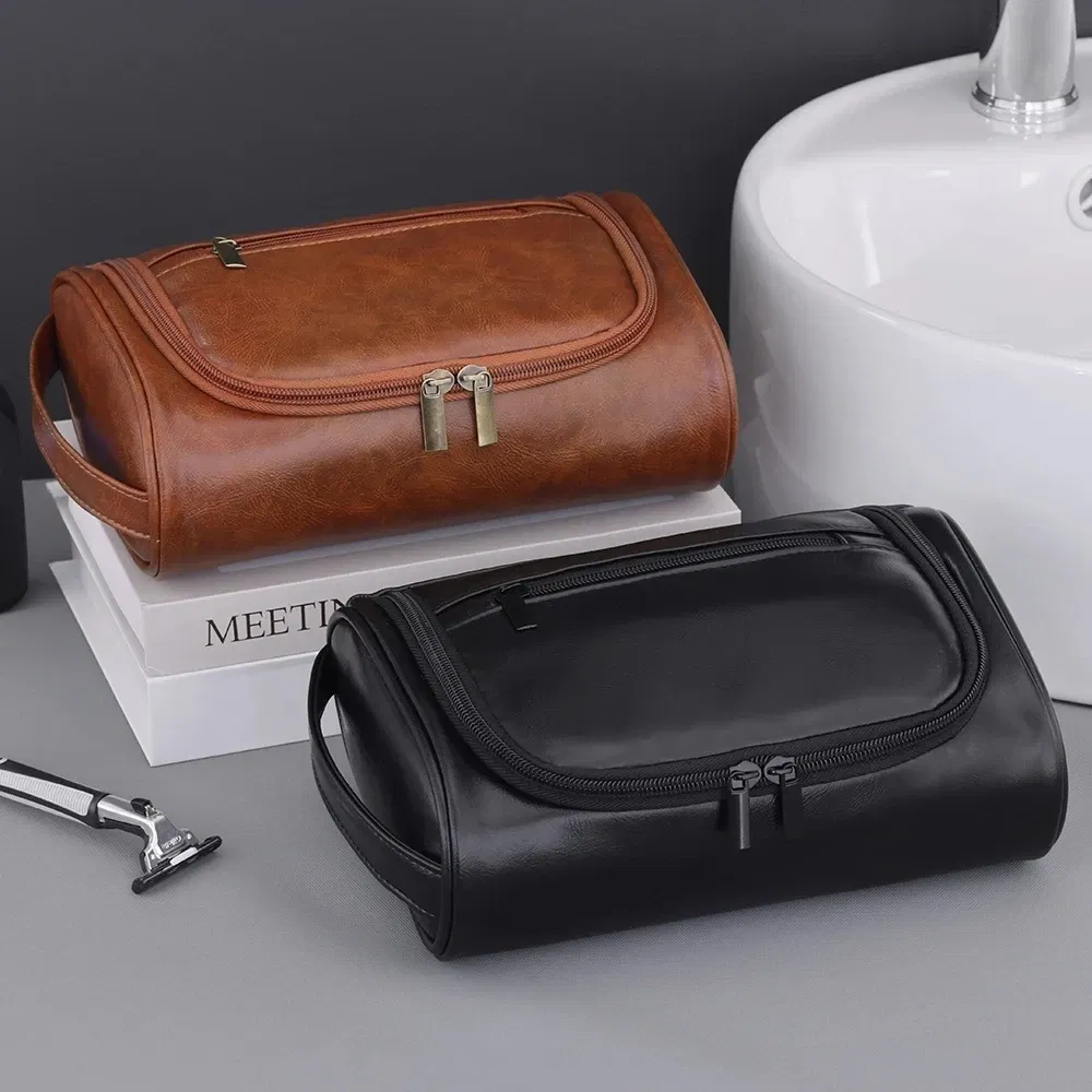 Color: black - High Quality Travel Toiletry Bag For Women Men Retro PU Leather Cosmetic Bags Female Waterproof Travel Makeup Bag