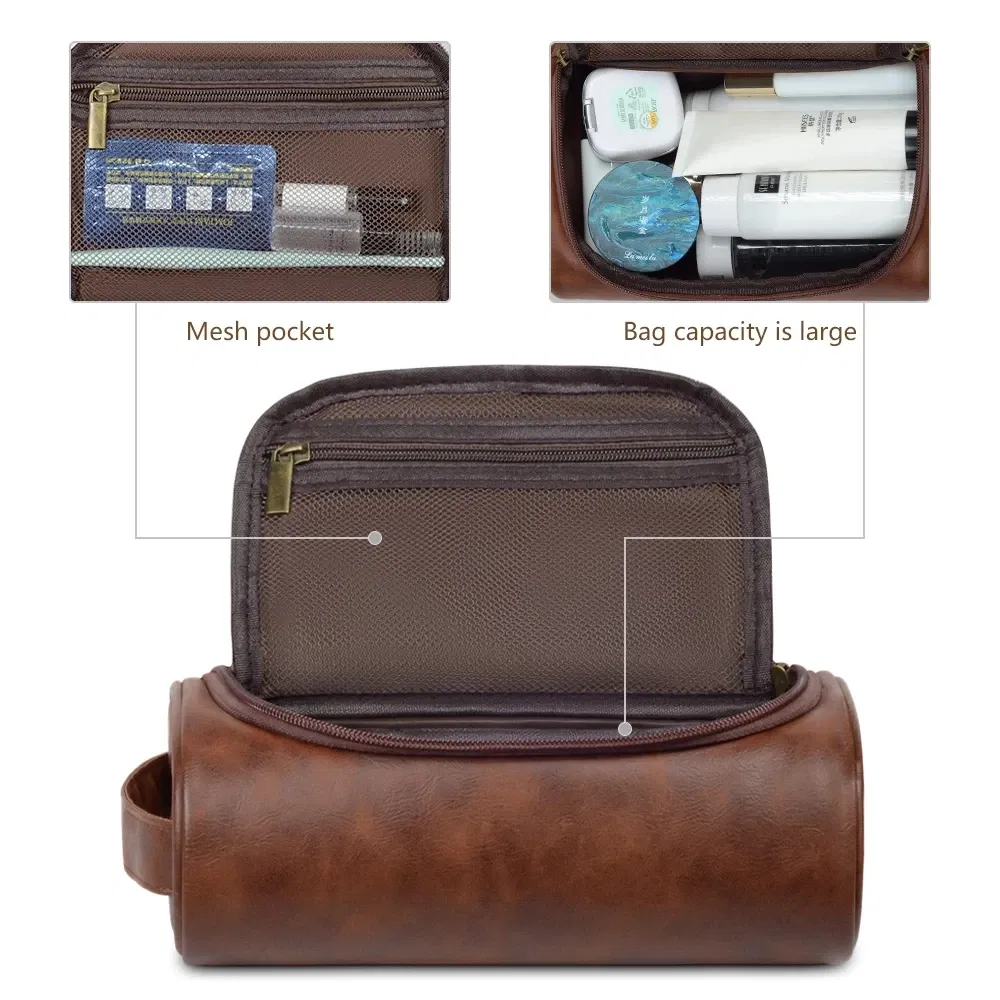 Color: black - High Quality Travel Toiletry Bag For Women Men Retro PU Leather Cosmetic Bags Female Waterproof Travel Makeup Bag