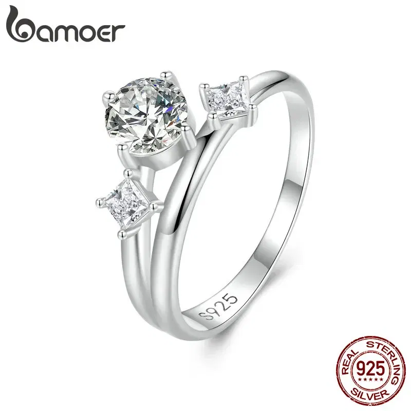 Gem Color: Red, Ring Size: 7 - Bamoer 925 Sterling Silver Sparkling Double Layer Zircon Stackable Ring for Women Girl White Gold Band Ring Engagement Jewelry