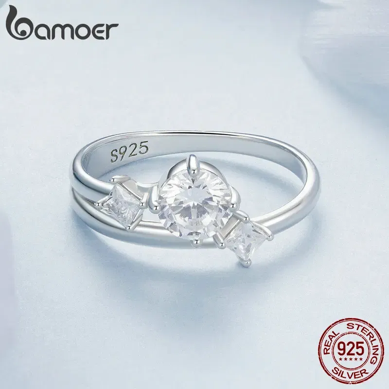 Gem Color: Red, Ring Size: 7 - Bamoer 925 Sterling Silver Sparkling Double Layer Zircon Stackable Ring for Women Girl White Gold Band Ring Engagement Jewelry