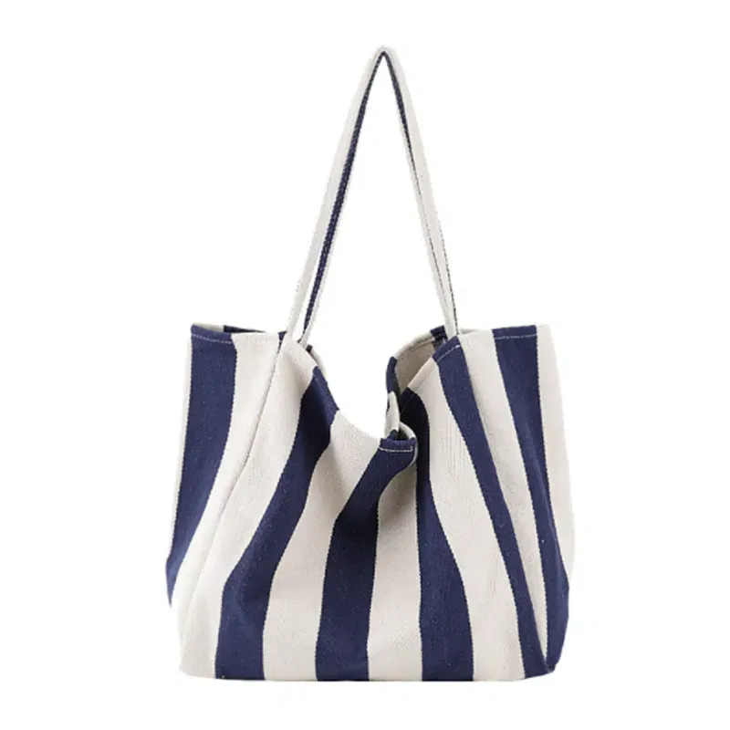 Fashion Ladies Classic Striped Canvas Handbag Large Capacity Shoulder Bag For Female Simple Beach Casual Totes Shopping Bag
