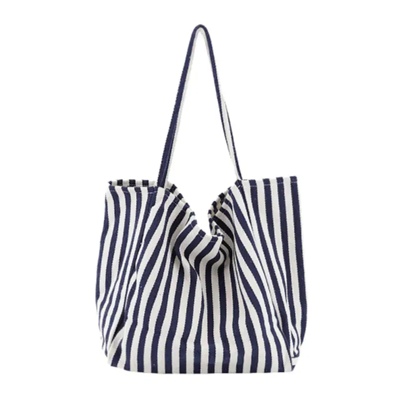 Fashion Ladies Classic Striped Canvas Handbag Large Capacity Shoulder Bag For Female Simple Beach Casual Totes Shopping Bag