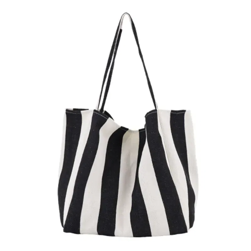 Fashion Ladies Classic Striped Canvas Handbag Large Capacity Shoulder Bag For Female Simple Beach Casual Totes Shopping Bag