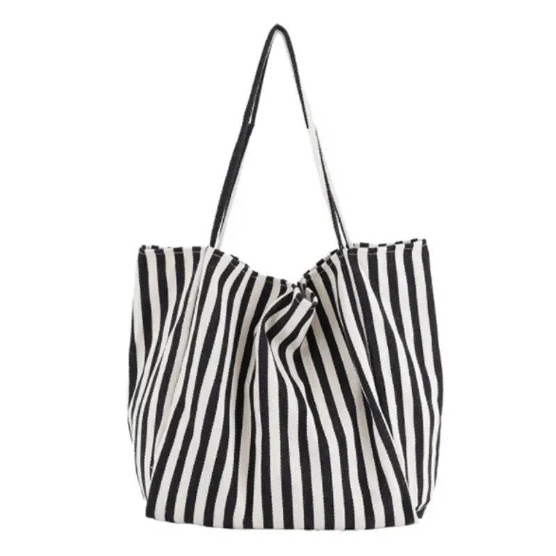 Fashion Ladies Classic Striped Canvas Handbag Large Capacity Shoulder Bag For Female Simple Beach Casual Totes Shopping Bag