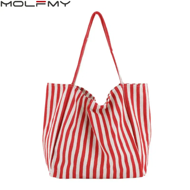 Fashion Ladies Classic Striped Canvas Handbag Large Capacity Shoulder Bag For Female Simple Beach Casual Totes Shopping Bag