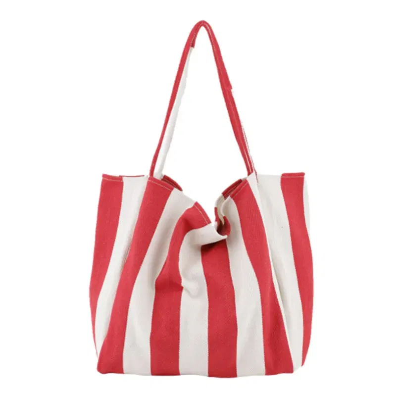 Fashion Ladies Classic Striped Canvas Handbag Large Capacity Shoulder Bag For Female Simple Beach Casual Totes Shopping Bag