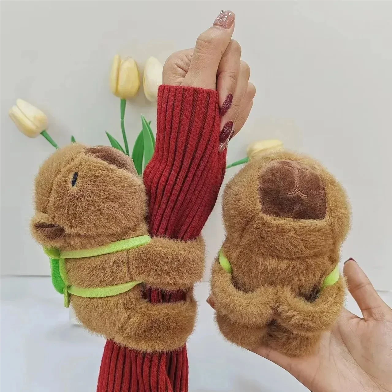 Color: Coffee - 5PCS Cute Plush Doll Water Dolphin Doll Wrist Snap Ring Toys Plush Toys Capybara Toys Hand Ring Fun Pop Circles Kids Holiday Gi
