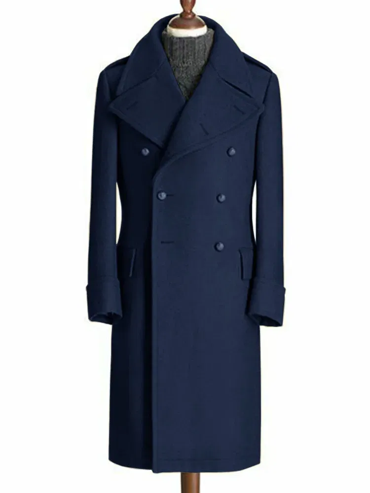 Color: Navy Blue, Size: 4XL - Windbreak Men's Jacket Wool Long Coat Lapel Double Breasted Men's Trench Coats Windbreakers Jackets Man Winter 2023 Martens Male