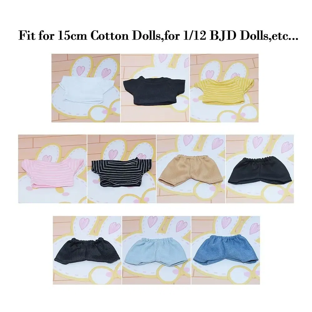 Color: Navy Blue - 15CM Doll Clothes Pants Fashion Tops Striped T-shirt Casual Wears Jeans Shorts For 1/12 Dolls Accessories Plush Animal Kids Toys