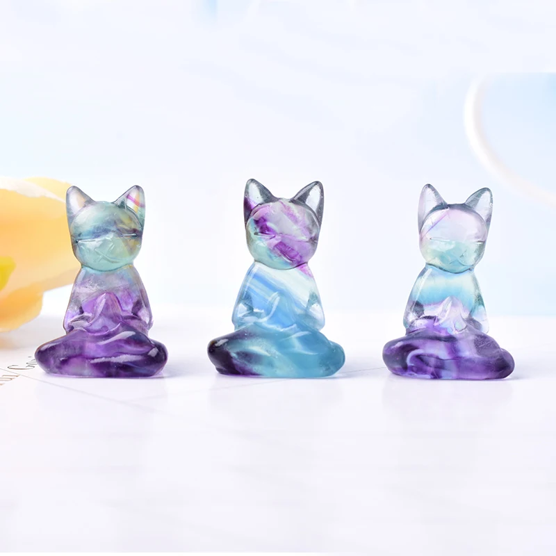 Natural Fluorite Carving Cat Crystal Animals Figurine Reiki Healing Simple Ornaments For Home Tabletop Decoration Gift