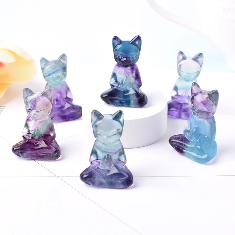 Natural Fluorite Carving Cat Crystal Animals Figurine Reiki Healing Simple Ornaments For Home Tabletop Decoration Gift