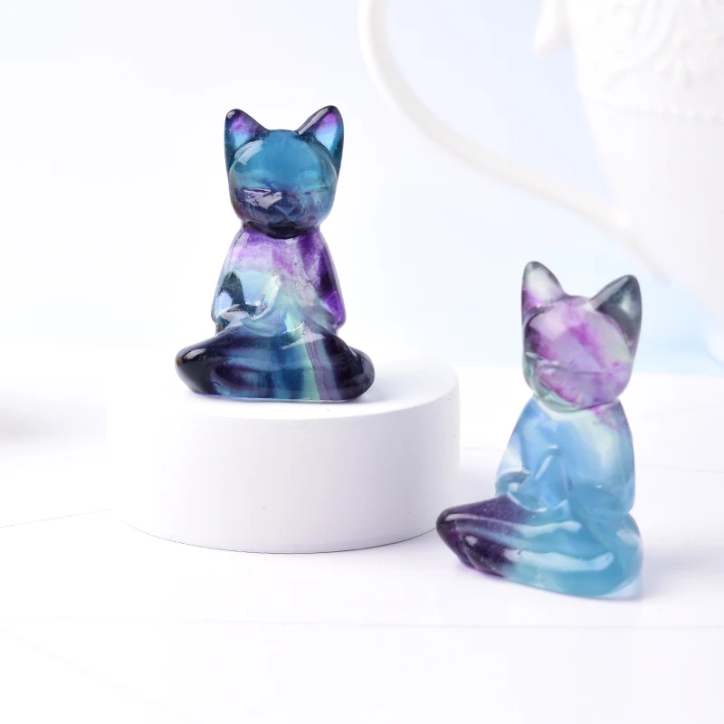Natural Fluorite Carving Cat Crystal Animals Figurine Reiki Healing Simple Ornaments For Home Tabletop Decoration Gift