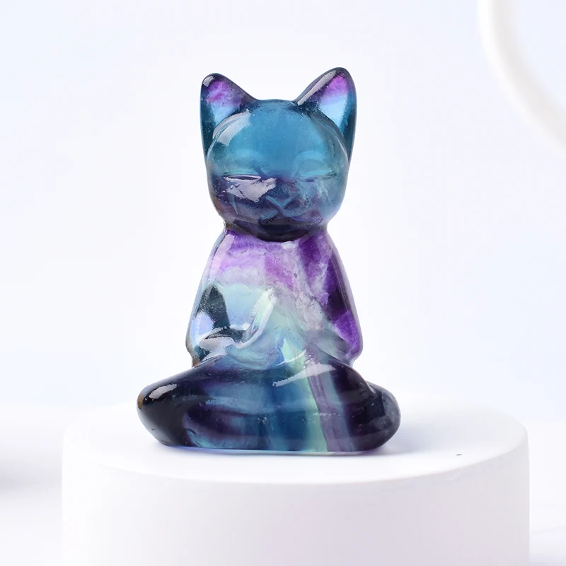 Natural Fluorite Carving Cat Crystal Animals Figurine Reiki Healing Simple Ornaments For Home Tabletop Decoration Gift