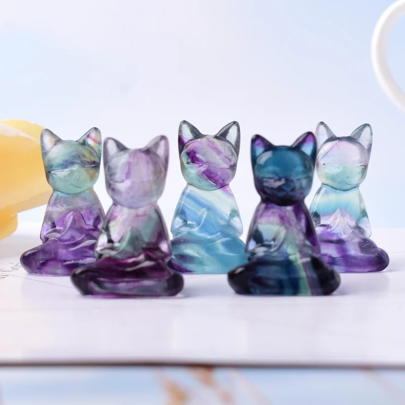 Natural Fluorite Carving Cat Crystal Animals Figurine Reiki Healing Simple Ornaments For Home Tabletop Decoration Gift