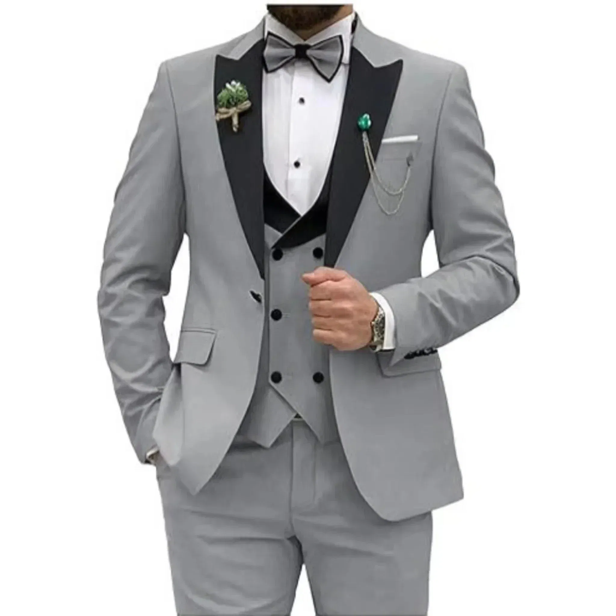 Color: GRAY, Size: S - Men Suit Colorful Luxury Blazer Vest And Pant Sets 3 Piece Birthday Dress Business Prom Evening Party Costumes High Quality