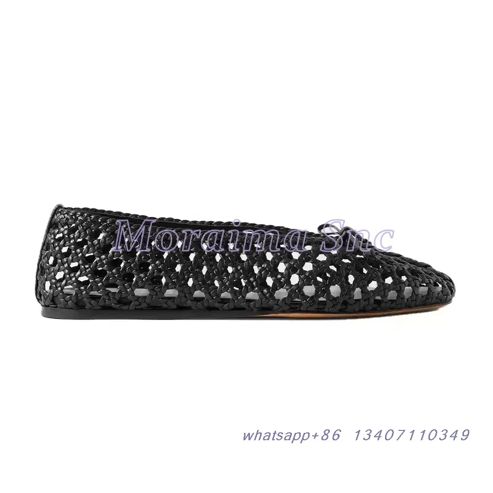 Color: black, Shoe Size: 42 - Hollow Woven Leather Ballet Shoes Flat With Round Toe Ankle Buckle Strap Fashion Shallow Women Shoes Mary Janes Summer New 2025