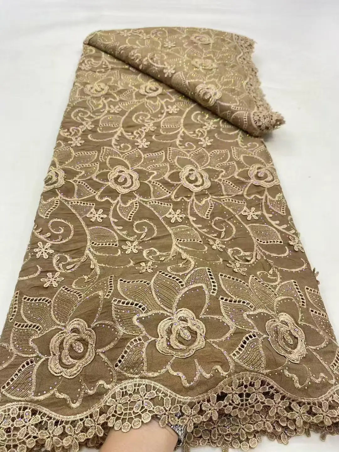 Color: Beige, Width: 120cm, Length: 5 yards - 5 Yards Nigerian Guipure Cord Lace Fabric High Quality Embroidery African Milk Silk Wedding Lace Fabric 2025 Material