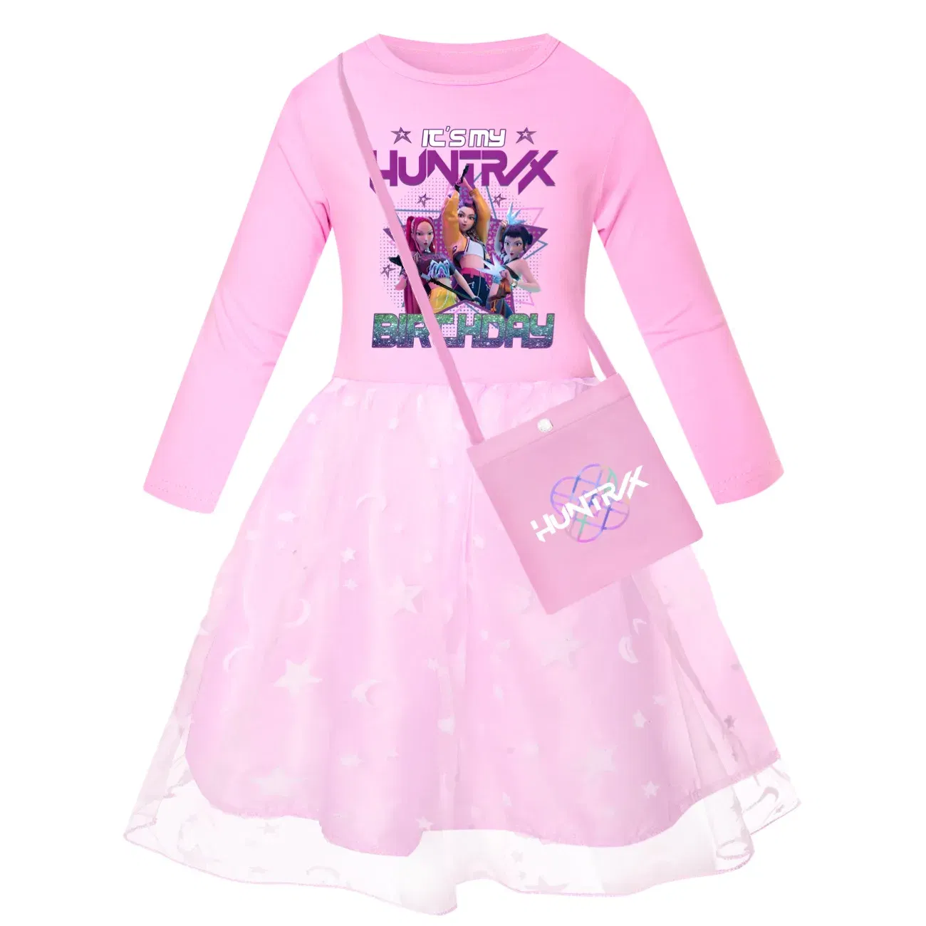 Color: Pink, Kid Size: 2T - KPop Demon Hunters Kids Clothes Long Slevess Dresses Cotton Rainbow Full Dress Teen Fashion Girl's Clothing Party Clothes 5001
