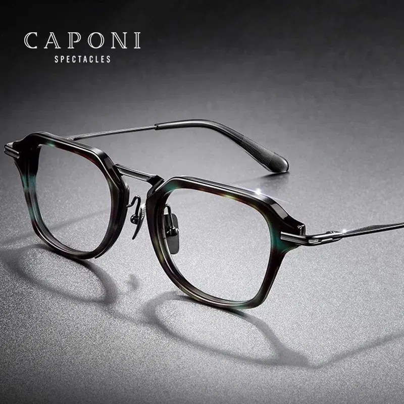 Frame Color: green - CAPONI Fashion Gentlemen's Glasses Frame Pure Titanium Acetate Retro Anti Blue Light Eyeglasses German Designer Spectacles JF413