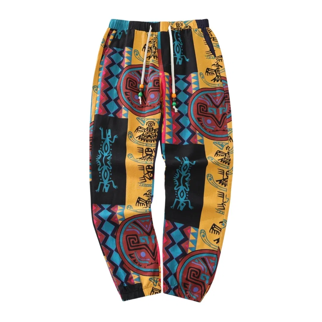 Color: Red, Size: XL - Mens Boho Tribal Print Stretch Linen Pnats Cotton Blend Drawstring LightWeight Trousers with Pockets Summer Jogger Pants
