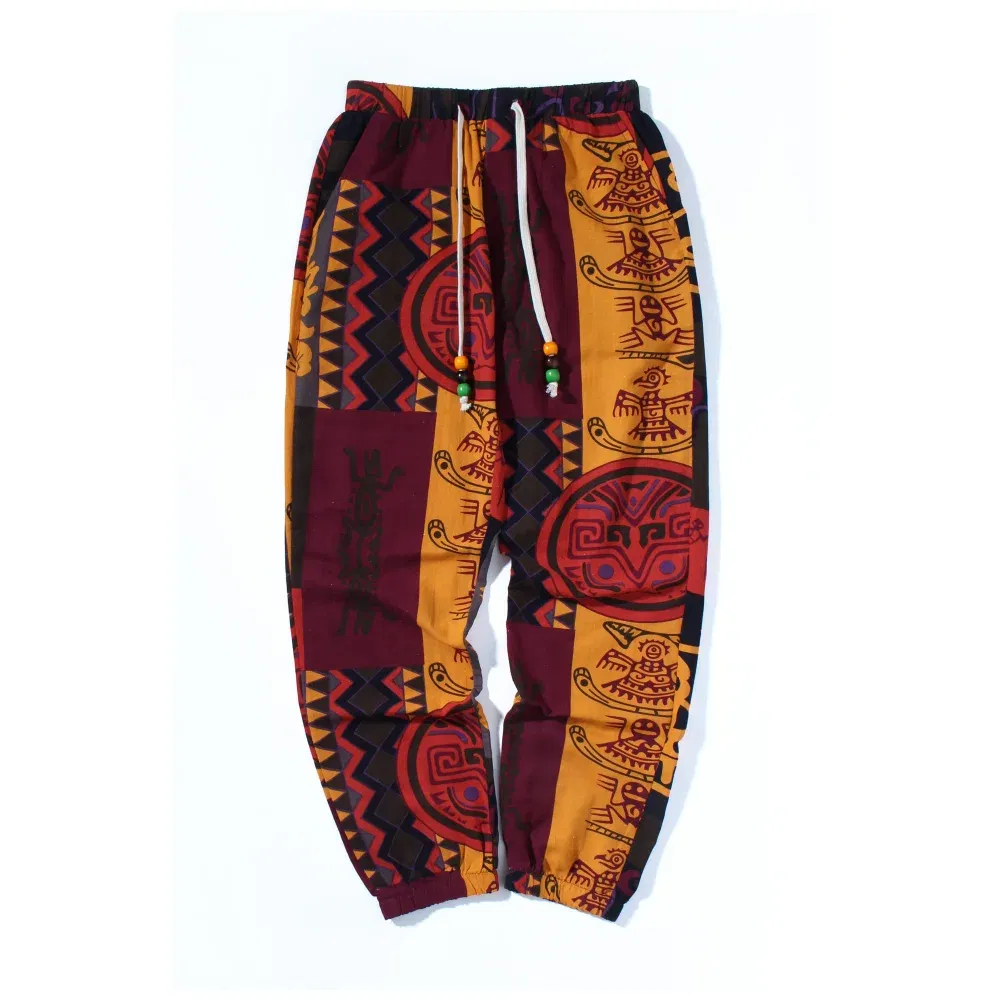 Color: Red, Size: XL - Mens Boho Tribal Print Stretch Linen Pnats Cotton Blend Drawstring LightWeight Trousers with Pockets Summer Jogger Pants