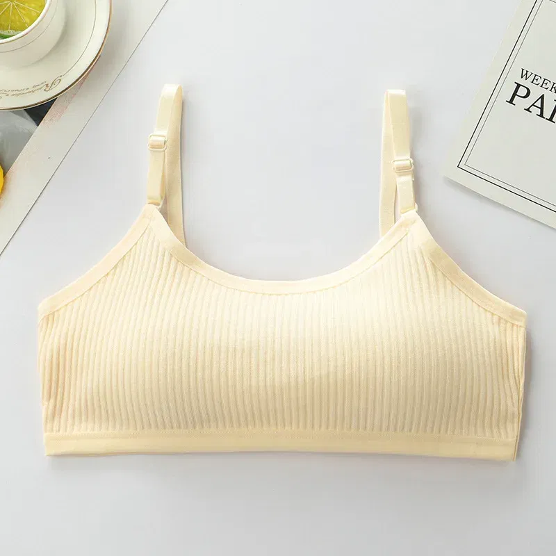 Color: Beige, Kid Size: 2T - 3pcs Cotton Children Innerwear Girls Bras Removable Sponge Cup Puberty Students Training Bras Breathable Teenage Girl Brassieres